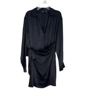 Zara Women’s Black Satin Effects Wrap dress Blogger Favorite Size S